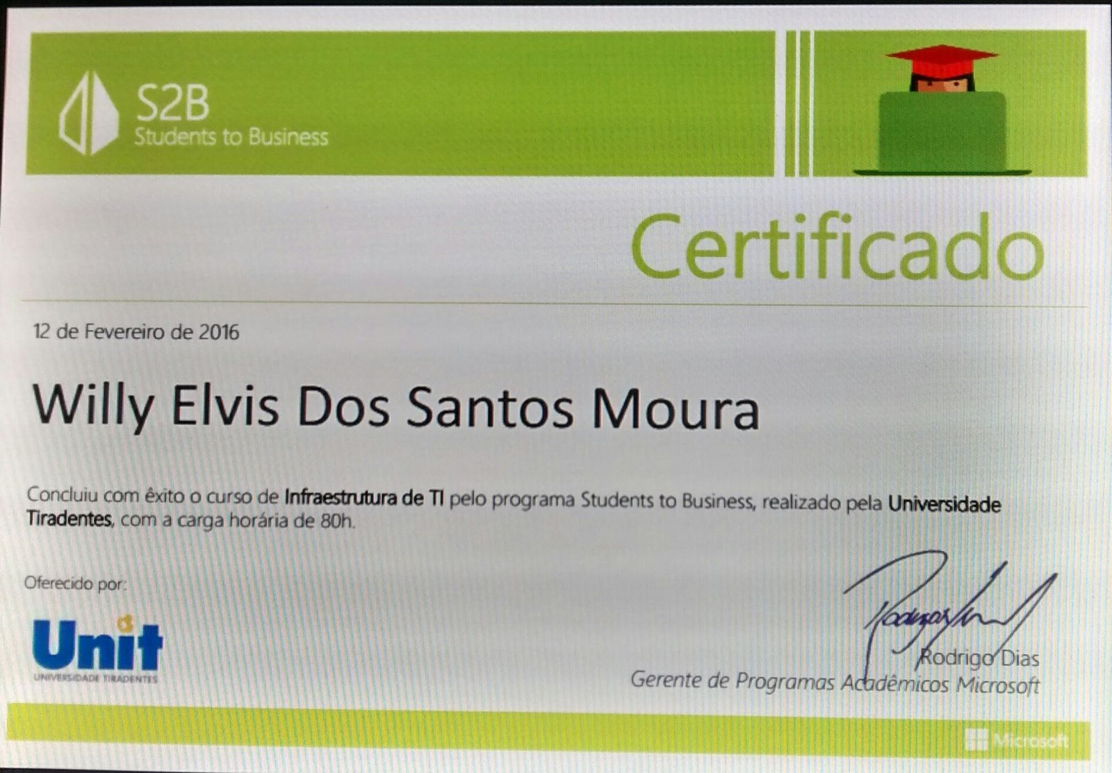 Certificado de infraestrutura de TI do programa Students to Business